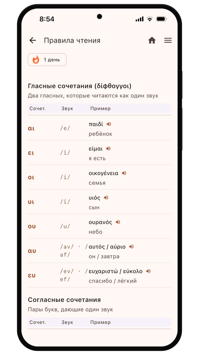 Экран «Правила чтения» в приложении Lambda Lingua